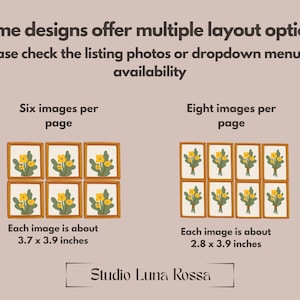 Puede incluir: Imagen que muestra opciones de dise&ntilde;o de dise&ntilde;o, con texto que indica seis u ocho im&aacute;genes por p&aacute;gina. Cada imagen mide aproximadamente 9,4 x 9,9 cm o 7,1 x 9,9 cm. Las im&aacute;genes presentan un dise&ntilde;o floral. El logotipo de Studio Luna Rossa est&aacute; en la parte inferior.