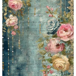 May include: A vintage-style floral design featuring watercolor roses in shades of pink, cream, and blue against a teal background. The design includes gold accents, faux pearls, and script text, creating an elegant, romantic aesthetic.