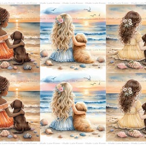 May include: Watercolor illustration of a girl and a dog on a beach at sunset. The girl, with long curly hair, is hugging the dog. Seashells and birds are scattered around them. The scene is painted in warm, soft colors.