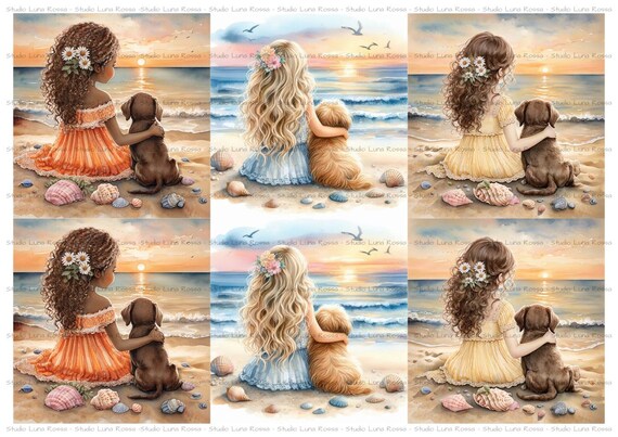 Girl with Dog Decoupage Rice Paper A4, Puppy Squares, Beach Sunset Art, Sunset Inspired Mulberry Paper