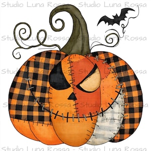 May include: A pumpkin illustration featuring a patchwork design of orange and black buffalo plaid, solid orange, and white fabric sections joined by visible stitches. It has a tall green stem, a black bat, and a stitched face with two eyes.