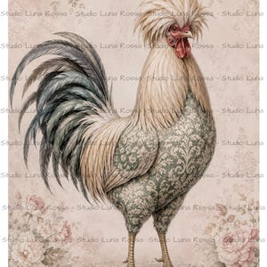 Crested Rooster Rice Paper A4, Green Damask Chicken Decoupage Paper, Shabby Chic Farmhouse Craft Sheet, Vintage Poultry, French Country Hen