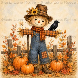 May include: A scarecrow wearing a brown hat with a sunflower, an orange plaid scarf, and blue denim overalls stands before a wooden fence. A black crow perches on its shoulder, while three orange pumpkins rest on the ground amidst autumn leaves.