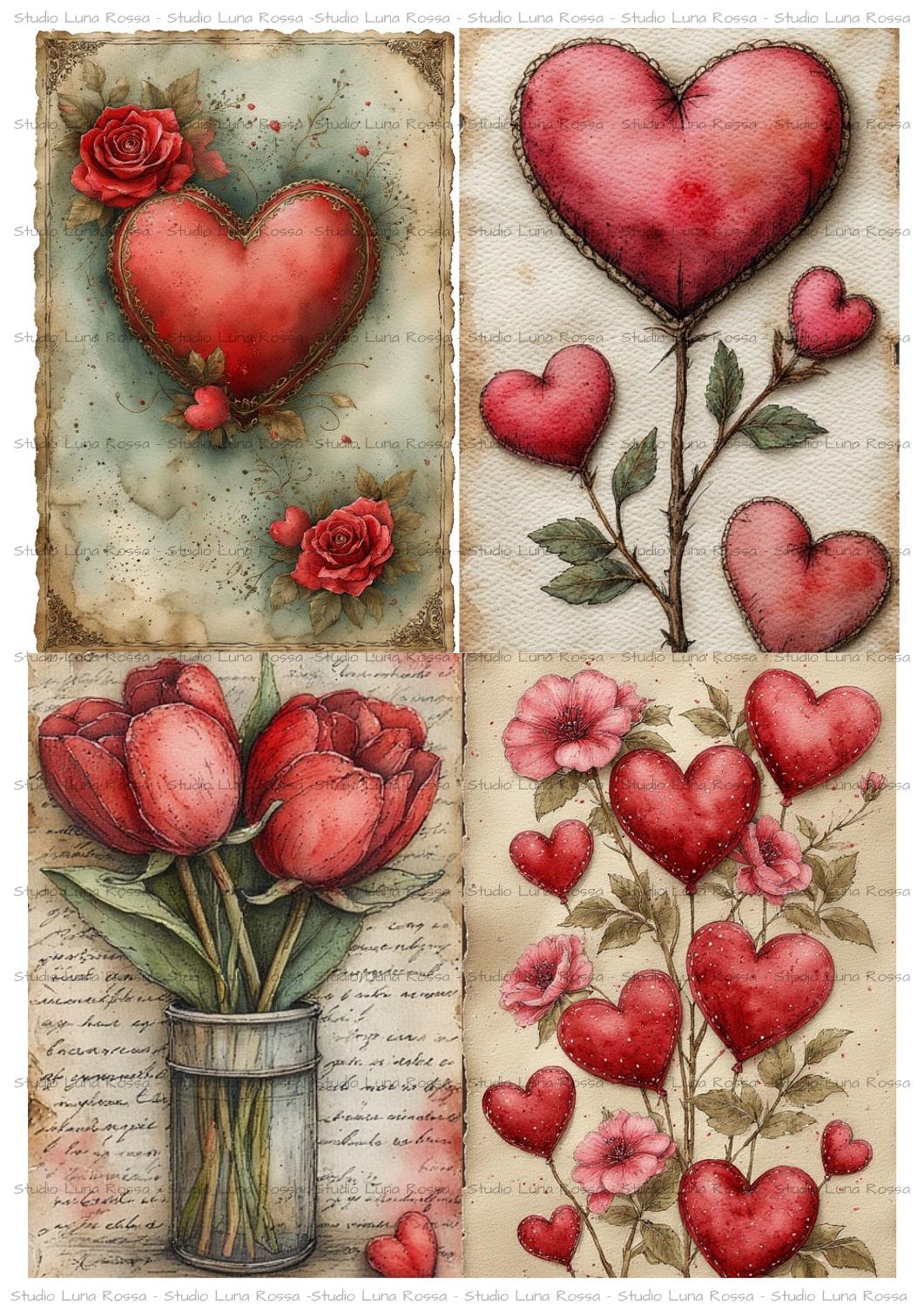 Valentine Flowers and Hearts Decoupage Rice Paper A4, Vintage Romantic ...