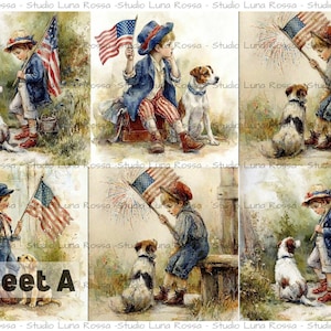 Puede incluir: Un collage de seis ilustraciones de estilo vintage que representan ni&ntilde;os, perros y banderas americanas. Los ni&ntilde;os visten ropa patri&oacute;tica y los perros son de varias razas. El texto "Sheet A" es visible. La obra de arte tiene un efecto acuarela.
