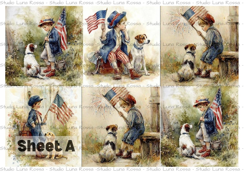 Puede incluir: Un collage de seis ilustraciones de estilo vintage que representan ni&ntilde;os, perros y banderas americanas. Los ni&ntilde;os visten ropa patri&oacute;tica y los perros son de varias razas. El texto "Sheet A" es visible. La obra de arte tiene un efecto acuarela.