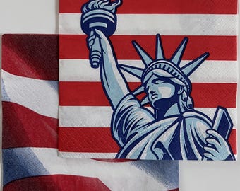 Paquete de servilletas patrióticas para decoupage, con la Estatua de la Libertad y la bandera estadounidense, estilo americano del 4 de julio, 5’’x5’’ plegadas (se venden individualmente).