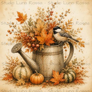 Autumn Bird Fabric Panel, Rustic Watering Can Bird Quilt Panel, Fall Chickadee Pumpkin Fabric Square, Craft Sewing Quilt Block
