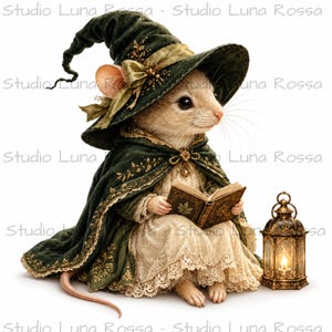 Spellbook Lantern Witch Mouse Fabric Panel, Green Cloak Crescent Moon Quilt Panel, Magical Halloween Fabric Square, Craft Sewing Quilt Block