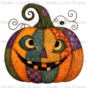 May include: A patchwork pumpkin illustration featuring various fabric patterns in orange, green, purple, and blue. The pumpkin has a wide, stitched smile, large circular eyes, a triangular nose, and a small spider hanging from a curly vine.