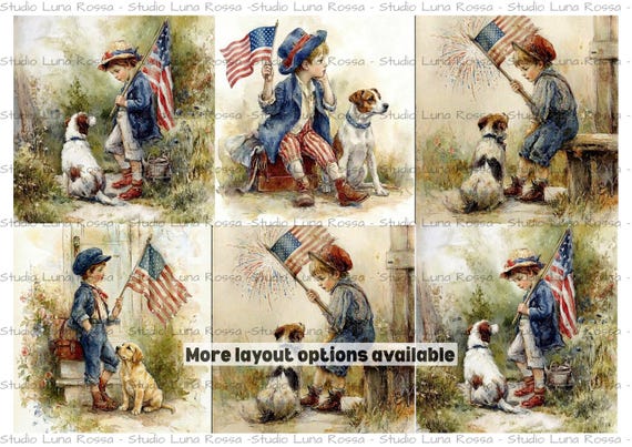 Vintage Americana Rice Paper A4, Boy and Dog Patriotic Decoupage Paper, Nostalgic Folk Art, Antique Style Flag Craft Supply, Fourth of July