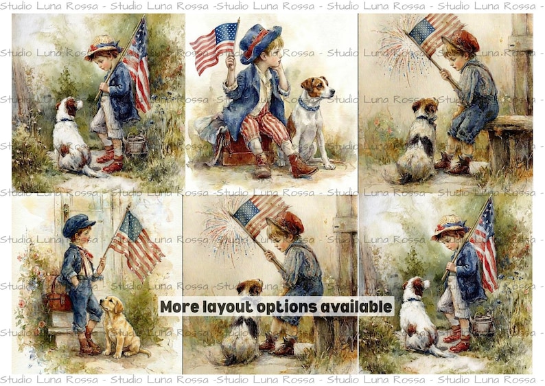 Papel de arroz vintage americano tamaño A4, papel de decoupage patriótico con niño y perro, arte popular nostálgico, material para manualidades con banderas de estilo antiguo, Cuatro de Julio imagen 1