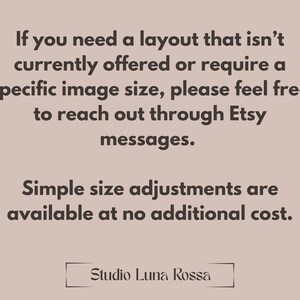 K&ouml;nnte beinhalten: Eine hellbeige Infografik mit dunkelbraunem Text, der lautet: If you need a layout that isn't currently offered or require a specific image size, please feel free to reach out through Etsy messages. Simple size adjustments are available at no additional cost. Studio Luna Rossa.