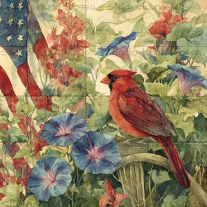 May include: A watercolor painting featuring a bright red cardinal perched on a wooden surface, surrounded by blue morning glory flowers, red snapdragons, and green foliage, with a portion of an American flag visible in the background.