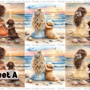 K&ouml;nnte beinhalten: Ein digitales Druckblatt mit der Aufschrift Sheet A, das sechs Illustrationen von Kindern mit langem Haar und Hunden zeigt, die bei Sonnenuntergang am Strand sitzen. Die Kinder tragen Kleider und Blumen-Haarschmuck, w&auml;hrend Muscheln verstreut sind.