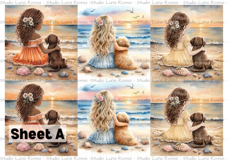 K&ouml;nnte beinhalten: Ein digitales Druckblatt mit der Aufschrift Sheet A, das sechs Illustrationen von Kindern mit langem Haar und Hunden zeigt, die bei Sonnenuntergang am Strand sitzen. Die Kinder tragen Kleider und Blumen-Haarschmuck, w&auml;hrend Muscheln verstreut sind.