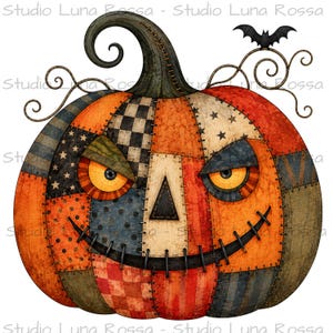 May include: A patchwork pumpkin illustration featuring various patterns including stars, checkers, and polka dots in orange, black, and muted tones. The pumpkin has a stitched-together appearance, yellow eyes, a triangular nose, and a wide grin.
