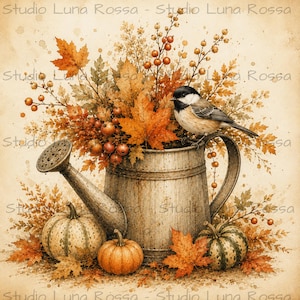 May include: A vintage metal watering can filled with autumn foliage, orange maple leaves, and red berries. A small black-capped bird sits on the handle. Two striped pumpkins and one orange pumpkin rest at the base on a textured beige background.