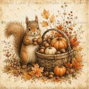 May include: A brown squirrel holding an acorn stands beside a woven basket filled with pumpkins, acorns, and autumn leaves. The scene features orange and gold foliage, red berries, and the repeated text Studio Luna Rossa in the background.