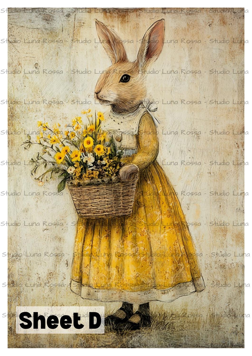 Vintage Bunny Decoupage Rice Paper A4, Rabbit in Yellow Dress & Flower ...