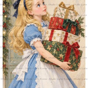 Christmas Gifts Alice Rice Paper A4, Stacked Presents Decoupage Paper, Magical Wonderland Craft Sheet, Vintage Holiday Art