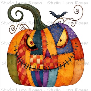 May include: A digital illustration of a patchwork pumpkin featuring various orange, purple, blue, and green fabric patterns stitched together with black thread. The pumpkin has a large green stem, a wide stitched mouth, and two yellow eyes.