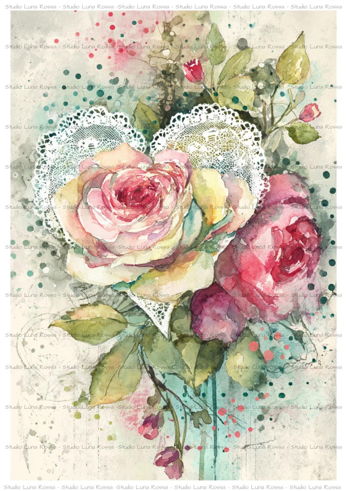 Valentine Flower Bouquet Decoupage Rice Paper A4, Roses and Lace Heart ...