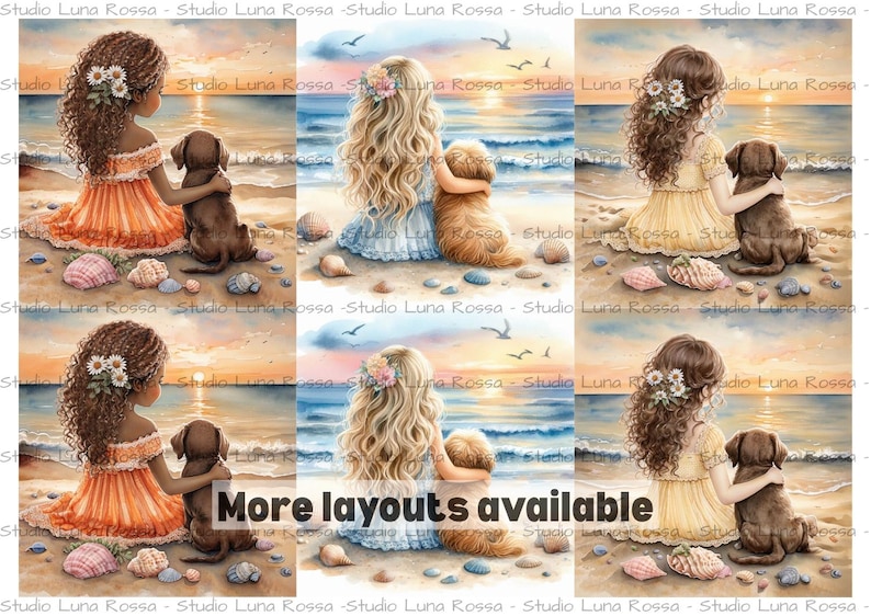 This girl and dog squares rice paper A4 features a collection of charming coastal scenes arranged as individual mini designs on one sheet. Perfect for decoupage, small crafts, junk journals, scrapbooking, collage, and mixed media, this craft paper combines sunset beach artwork, seashell details, and sentimental girl-and-dog watercolor portraits. The coordinated square images are particularly useful for smaller craft projects and decorative accents.