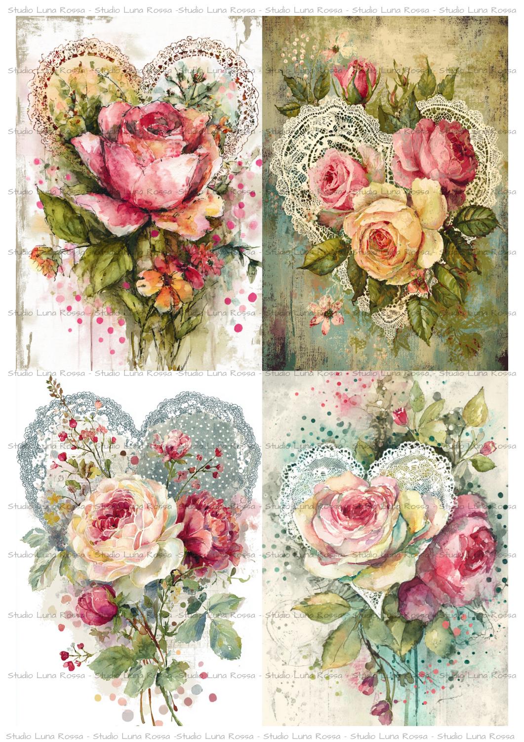 Valentine Flower Bouquet Decoupage Rice Paper A4, Roses and Lace ...
