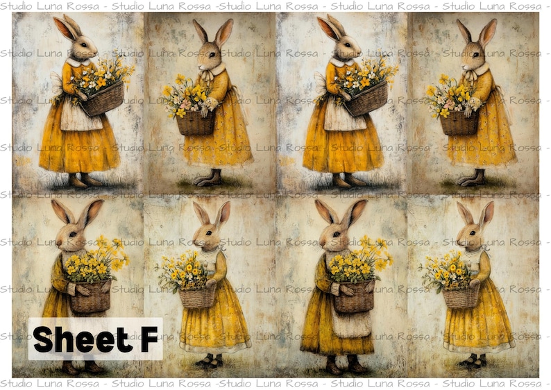 Vintage Bunny Decoupage Rice Paper A4, Rabbit in Yellow Dress & Flower ...
