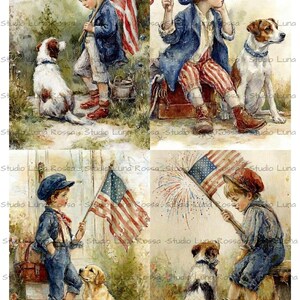 Papel de arroz vintage americano tamaño A4, papel de decoupage patriótico con niño y perro, arte popular nostálgico, material para manualidades con banderas de estilo antiguo, Cuatro de Julio Sheet B
