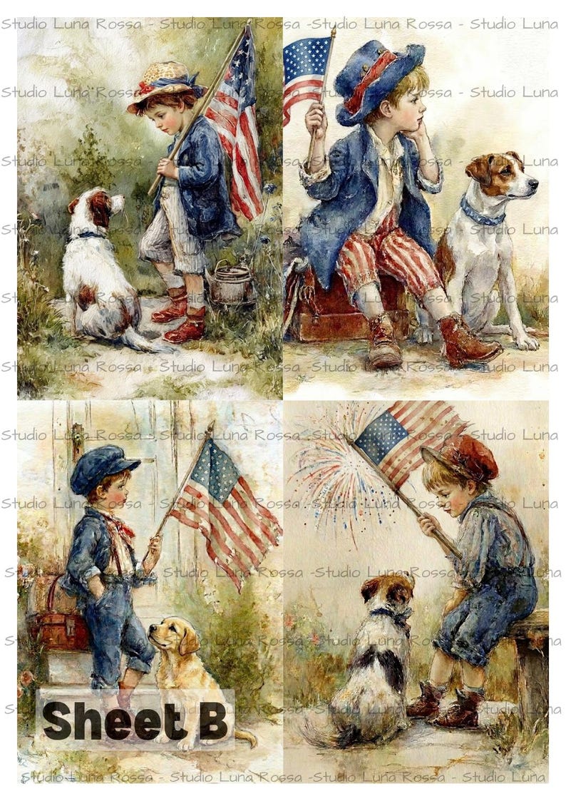 Papel de arroz vintage americano tamaño A4, papel de decoupage patriótico con niño y perro, arte popular nostálgico, material para manualidades con banderas de estilo antiguo, Cuatro de Julio Sheet B