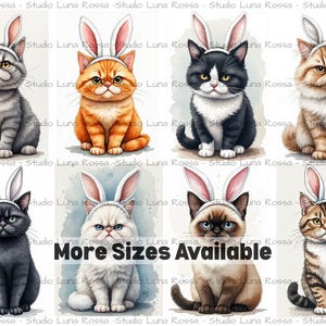 May include: Watercolor illustrations of eight cats wearing bunny ears. The cats are in various colors and patterns, including gray, orange, black, and tabby. Text on the image reads "More Sizes Available."