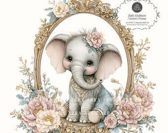 Boho Floral Baby Elephant Frame PNG, Watercolor Nursery Graphics (20 PNG Digital Download)