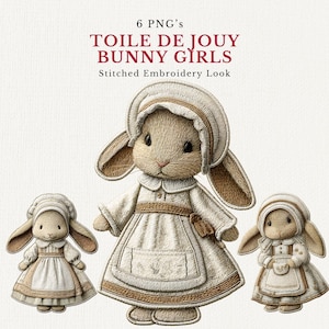 May include: Three embroidered bunny girl figures in a Toile de Jouy style. The bunnies wear white dresses with brown trim and bonnets. The image includes the text "TOILE DE JOUY BUNNY GIRLS" and "Stitched Embroidery Look".