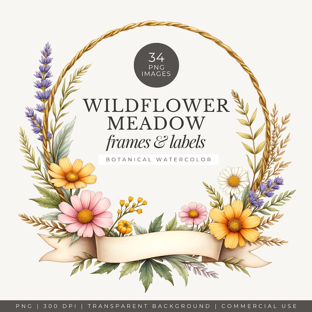 Wildflower Meadow Floral Frames & Labels – Watercolor Botanical Clipart ...