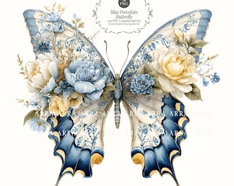 Blue Porcelain Butterfly, Heirloom Chinoiserie Floral Insect Clipart (18 PNG Digital Download)