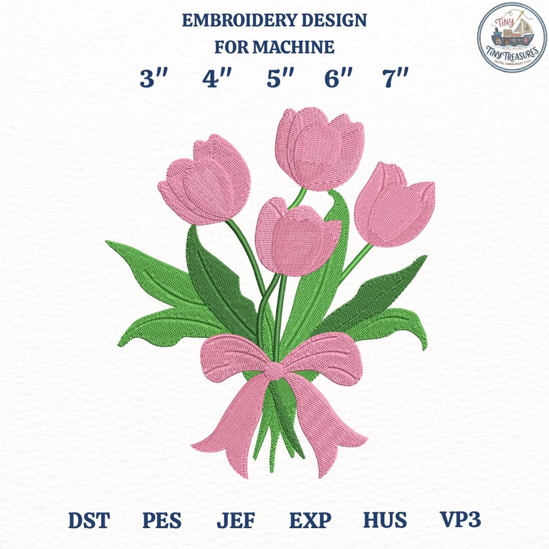 Tulip Bouquet Embroidery Design, Pink Flower Arrangement With Bow ...