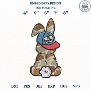 Cool Egg Hunter Camo Bunny Embroidery Design,Baseball Cap Rabbit Machine Embroidery File,Boy Easter Pattern,Manual Digitized Hunting,5 Sizes