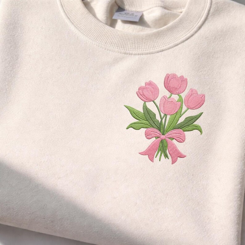 Tulip Bouquet Embroidery Design, Pink Flower Arrangement With Bow ...