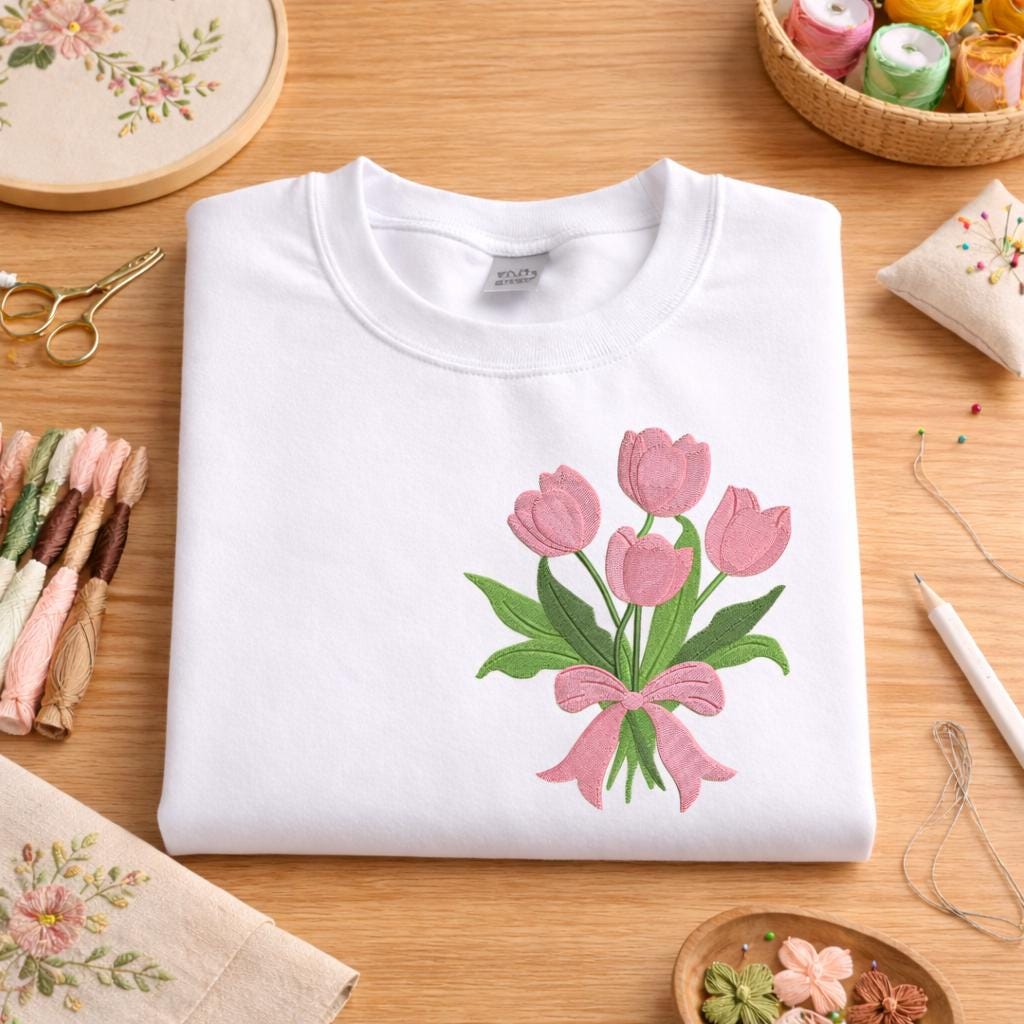 Tulip Bouquet Embroidery Design, Pink Flower Arrangement With Bow ...