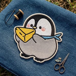 May include: An embroidered patch featuring a round penguin with black, white, and gray thread, holding a yellow block of cheese. The penguin has pink cheeks and a light blue scarf. A needle, black thread spool, and metal scissors are nearby.