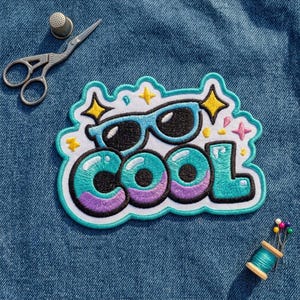 May include: An embroidered patch featuring the word COOL in bubble letters with a teal and purple gradient. Above the text are black sunglasses with teal frames, surrounded by yellow and pink star accents. A metal thimble and scissors are nearby.
