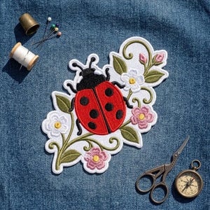 Ladybug Flower Embroidered Patch – Cute Garden Insect Applique for Jacket Backpack Hat