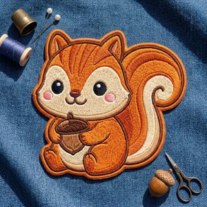 May include: An embroidered iron-on patch featuring a cartoon squirrel with orange and cream fur, holding a brown acorn. The patch is displayed alongside a metal thimble, two sewing pins, a spool of blue thread, a small acorn, and metal scissors.