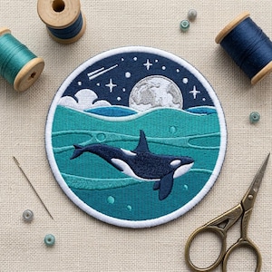 Orca Whale Embroidered Patch – Ocean Moon Night Sky Iron On Applique for Jackets, Bags, Hats