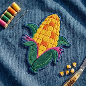 May include: An embroidered corn patch featuring yellow and orange kernels with green husks and pink accents. The patch is placed on blue denim fabric next to a silver needle, a row of five colorful thread spools, and a small pocket knife with corn kernels.