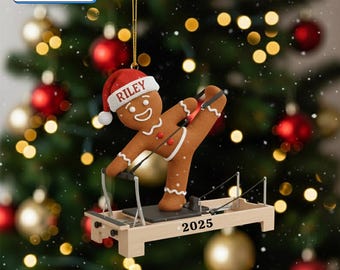 Custom 2D Flat Acrylic Gingerbread Pilates Ornament – Personalized Santa Hat Reformer Decor, Cute Fitness Christmas Gift 2025
