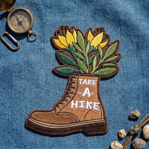 Take A Hike Hiking Boot Embroidered Patch – Floral Outdoor Iron On Applique for Jackets, Bags, Hats
