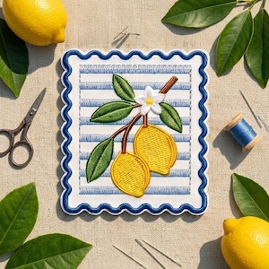 May include: A rectangular embroidered patch with a scalloped dark blue border featuring a white background with horizontal blue stripes. The center displays two yellow lemons on a brown branch with green leaves and a single white flower.